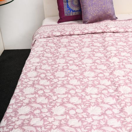 Wine Primer Rose Block Printed Cotton Quilt - Image 2
