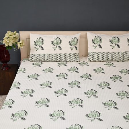 Sunset Green Block Printed , Jacquard Bedcover - Image 3