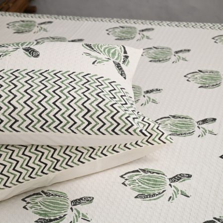 Sunset Green Block Printed , Jacquard Bedcover - Image 2