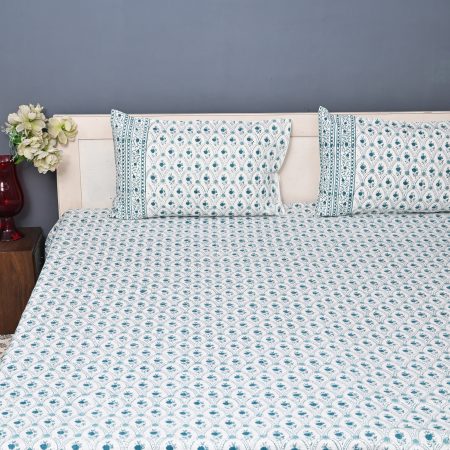 Teal Green Block Printed , Jacquard Bedcover - Image 3