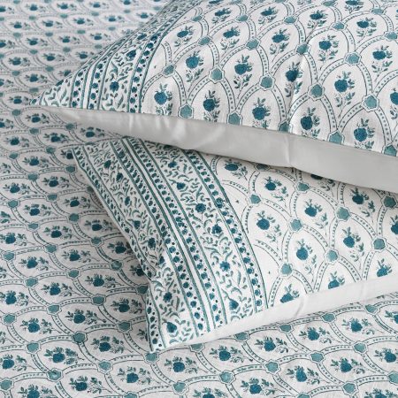 Teal Green Block Printed , Jacquard Bedcover - Image 2
