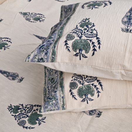 Pestal Blue Block Printed , Jacquard Bedcover - Image 3