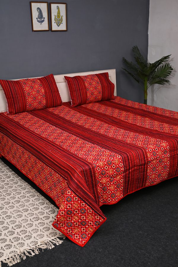 Haute Red Block Printed Quilted Bedcover with Pillow Covers