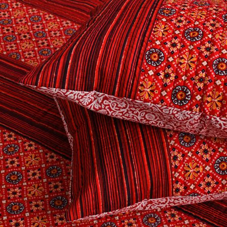 Haute Red Block Printed Quilted Bedcover with Pillow Covers - Image 2