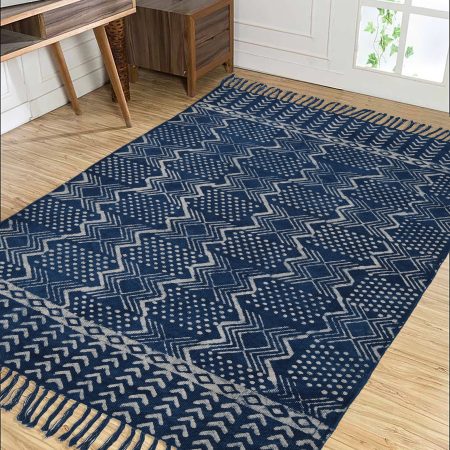 Dark Denim Hand Block Printed Dhurries