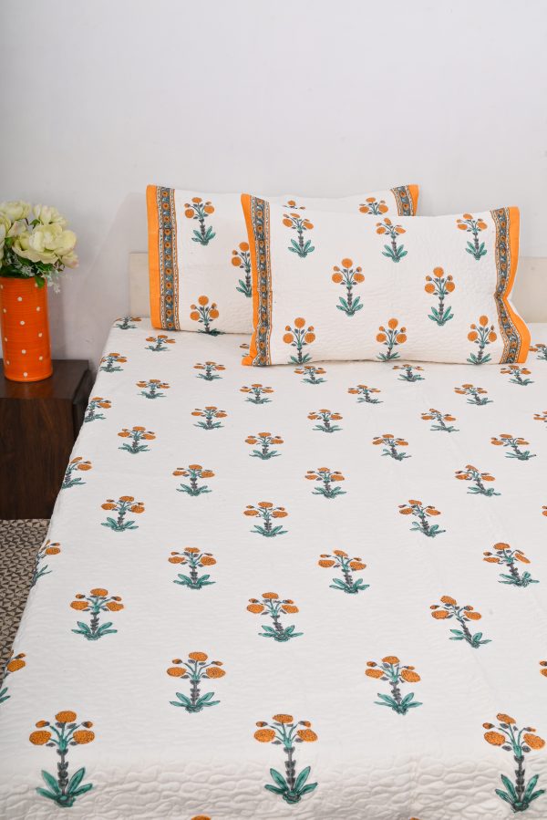 Marigold Block Printed Quilted Bedcover with Pillow Covers