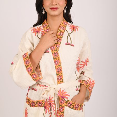Orange Palmtree Block Printed Bathrobe - Image 2