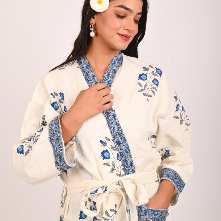 Circuit Blue Flower Block Printed Bathrobe - Image 3