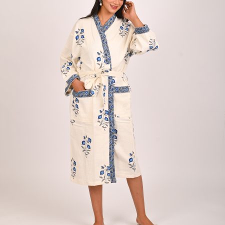 Circuit Blue Flower Block Printed Bathrobe - Image 4
