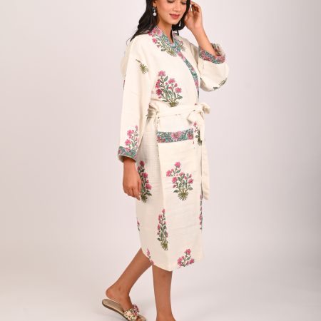 Pink Floss Block Printed Bathrobe - Image 4
