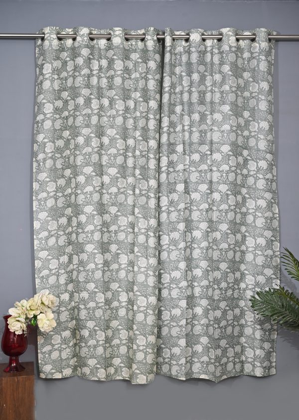 Green Moss Hand Block Printed designer chanderi curtain